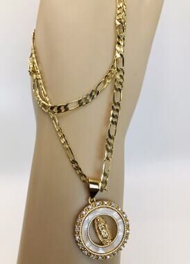 Virgen De Guadalupe Necklace 22" 14K Gold Plated Cadena Oro Laminado Men Women